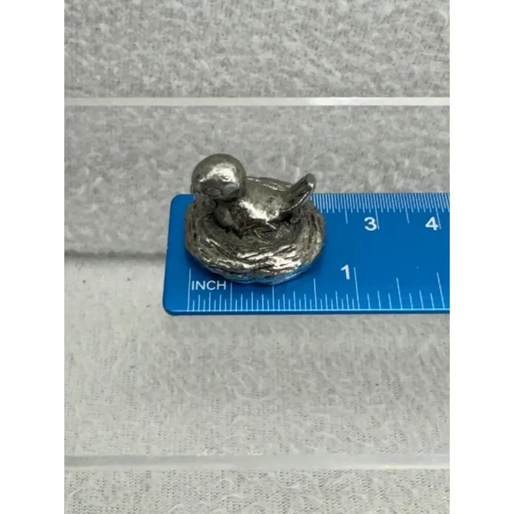 Vintage Pewter Bird Nest Figurine Miniature Shelf Decor Tiny Collectible
